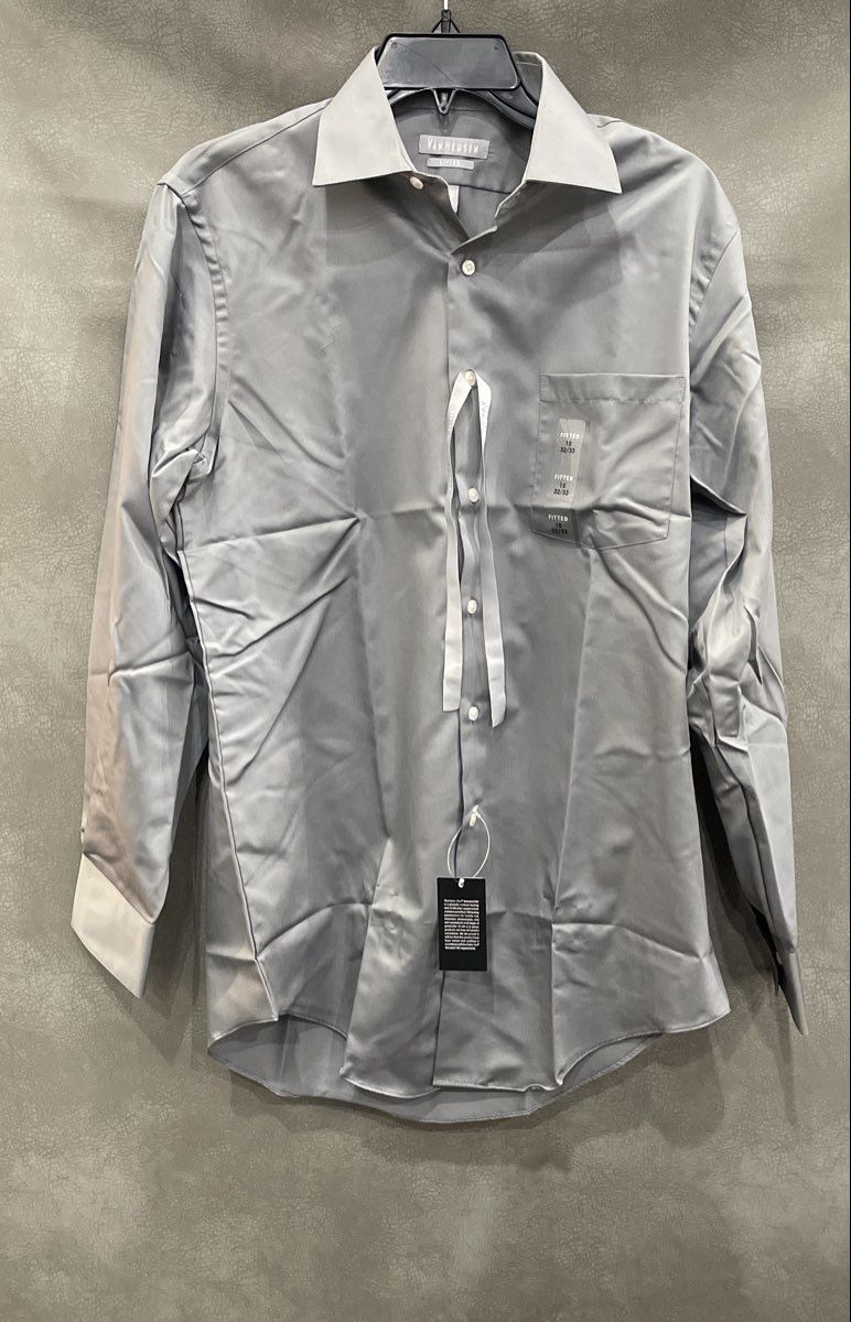 Van Heusen Men's Dress Shirt Gray Fitted Wrinkle Free Long Sleeve NWT 15 32/33
