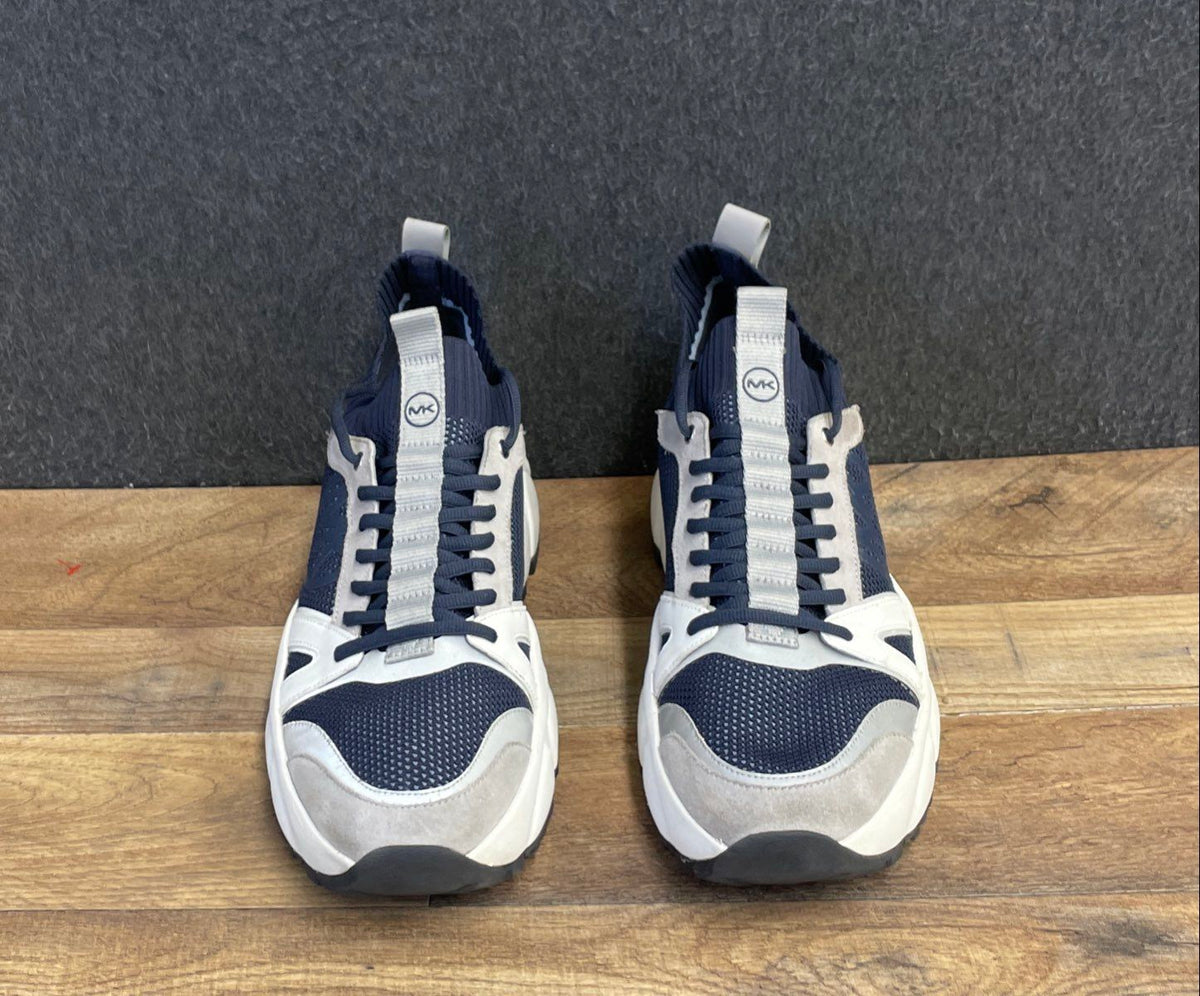 Michael Kors Miles Navy Grey Leather Knit Sneakers Men's Size 12