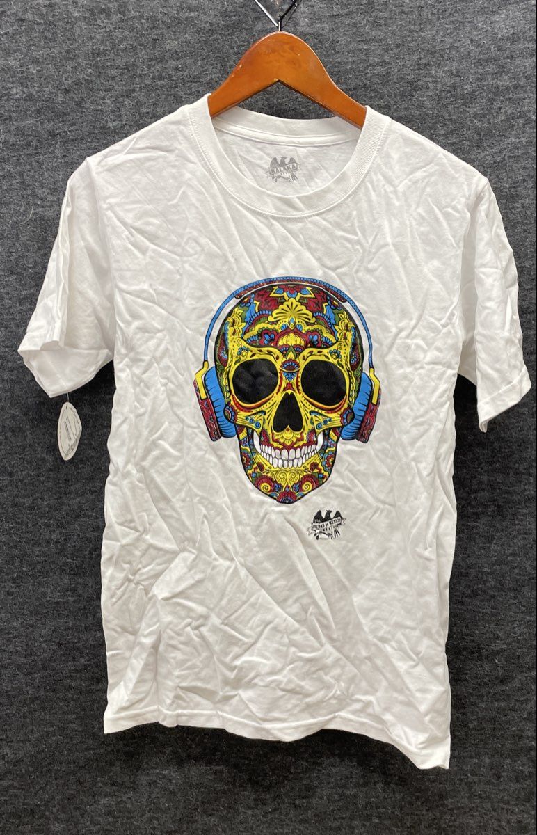 Kalaka Men's White Sugar Skull Headphone Graphic T-shirt Ciudad De Mexico Sz S