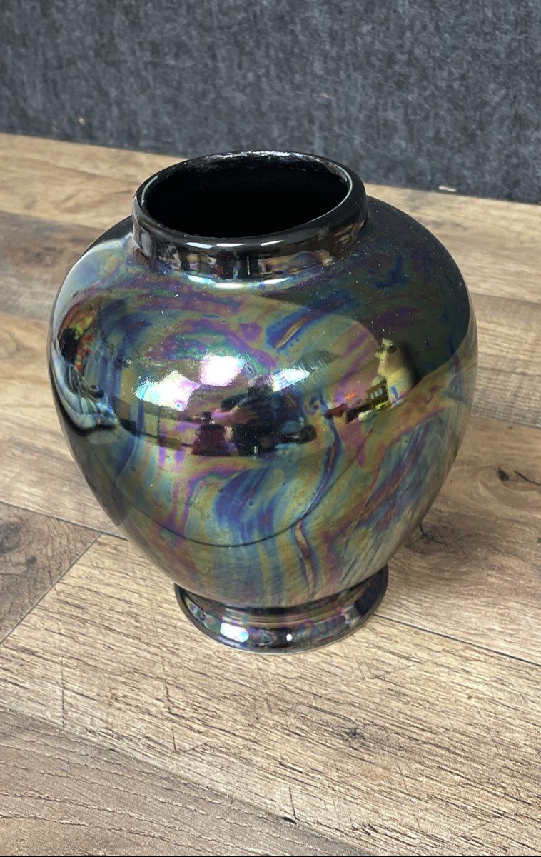 Vintage Japanese Lusterware Vase Iris Bird Black Iridescent 7 Inch