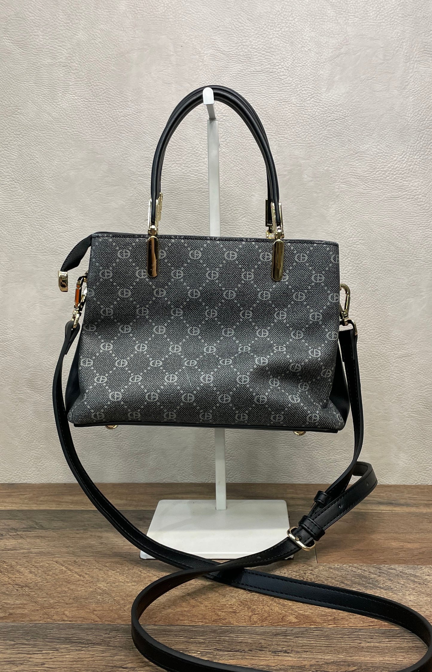 Chrisbella Gray Monogram Satchel Handbag Black Trim Gold Hardware Crossbody