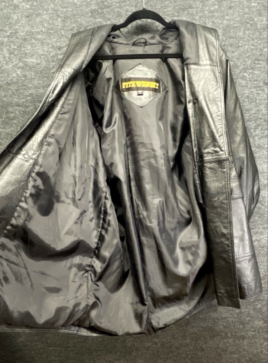 Vintage 90s Fitz Wright Women's Black Hooded Leather Parka Coat Sz L