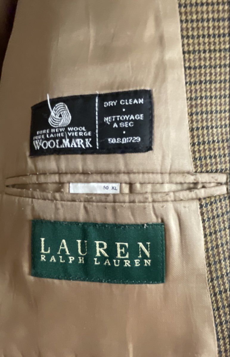Vintage Lauren Ralph Lauren Men's Tan Wool Micro-Check 2-Button Blazer Sz 50 XL