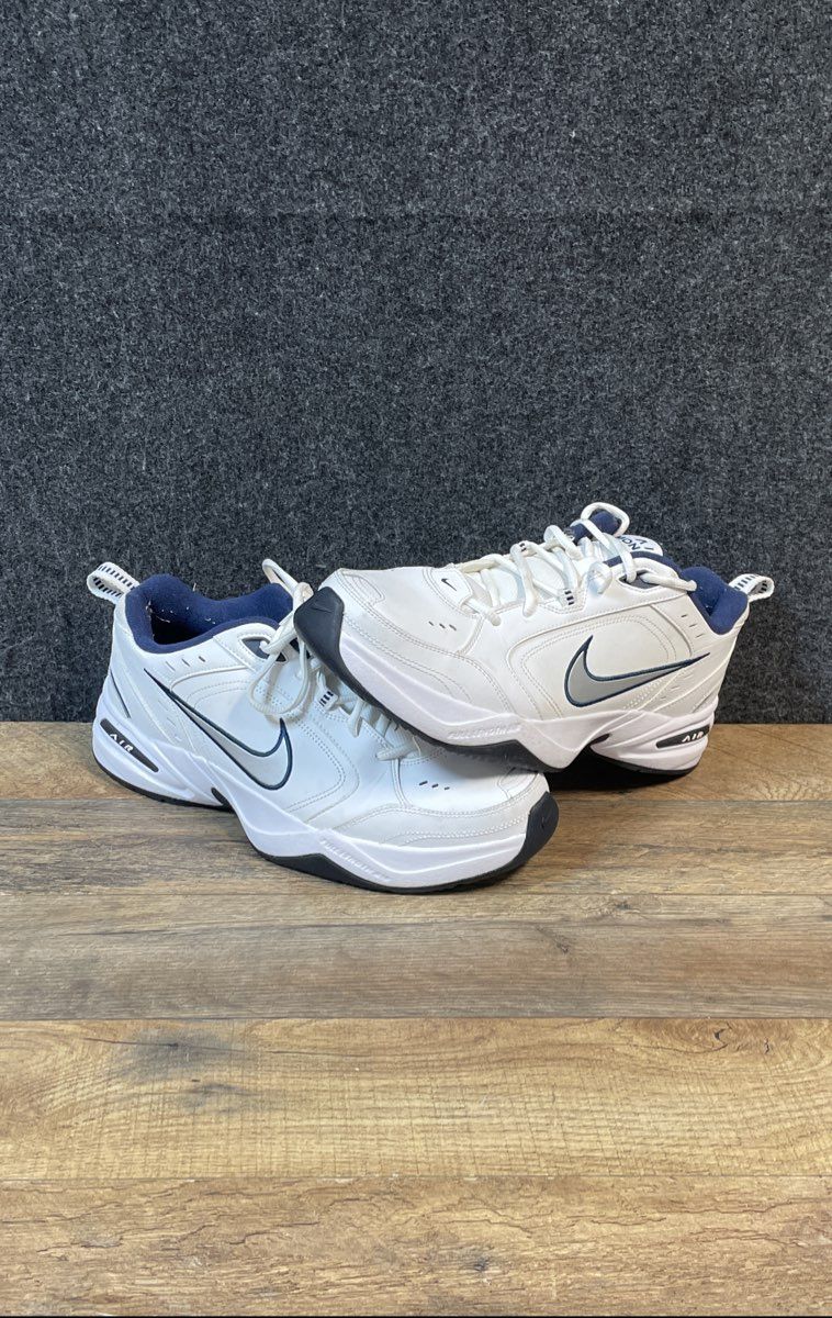 Nike Air Monarch IV White Navy Metallic Silver Cross Training Shoes Size 12