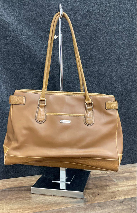 Liz Claiborne Brown Leather Tote Shoulder Bag Faux Croc Embossed Trim