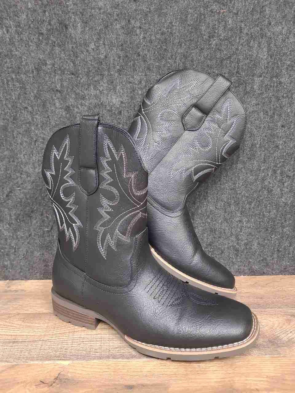 Black Square Toe Western Cowboy Boots Contrast Stitching Men's Size 11