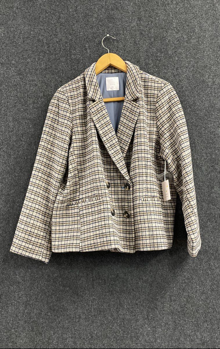 LC Lauren Conrad Women's Blue Plaid Double Breasted Blazer Jacket NWT XXL