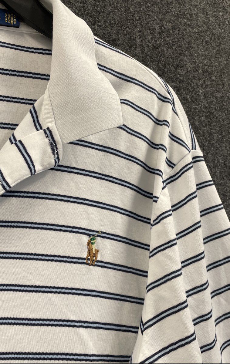 Polo Ralph Lauren Men's White Blue Striped Short Sleeve Classic Fit Polo Sz L