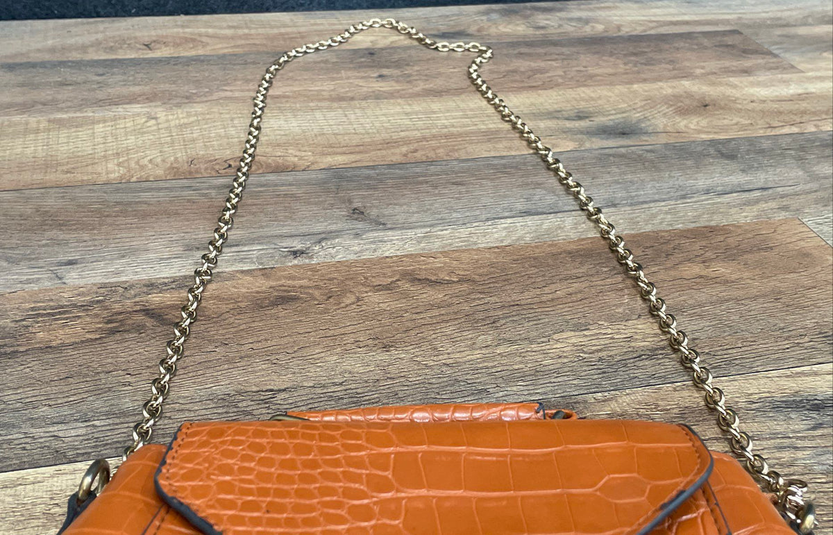 Brown Croc Embossed Leather Satchel Crossbody Bag Gold Chain Strap