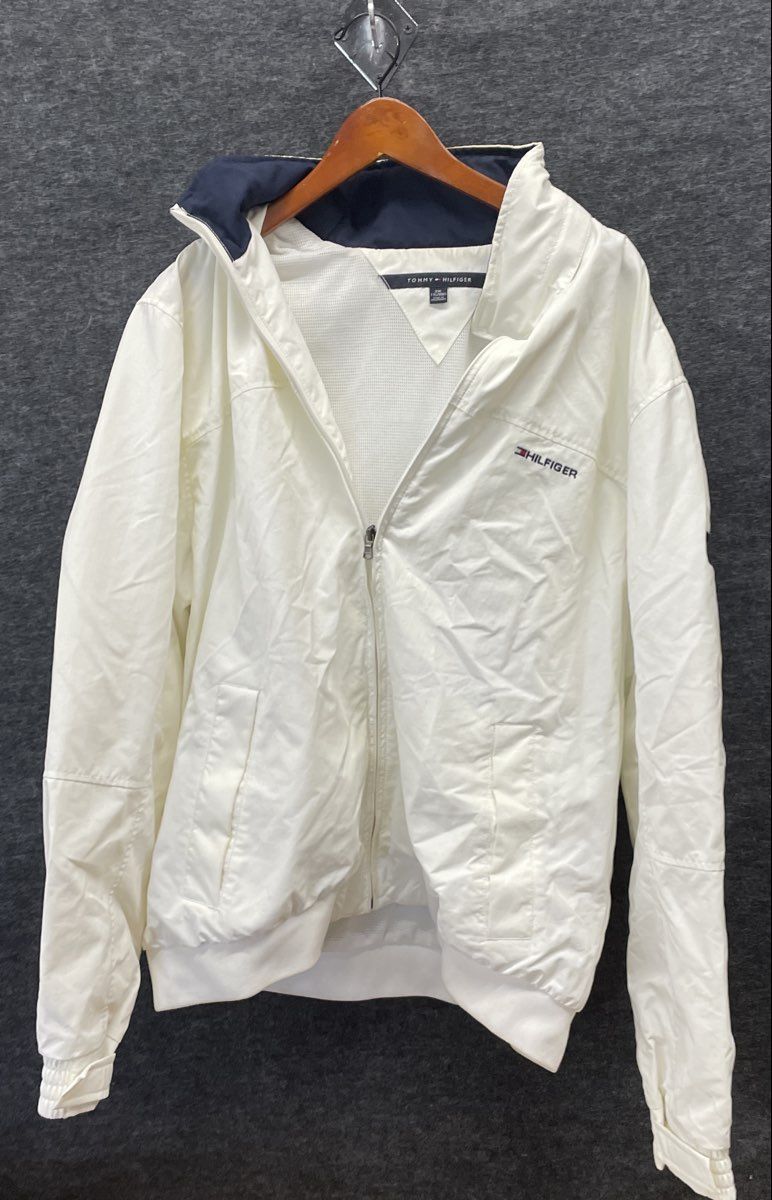 Tommy Hilfiger Men's White Full Zip Hooded Windbreaker Jacket Mesh Lined XXL