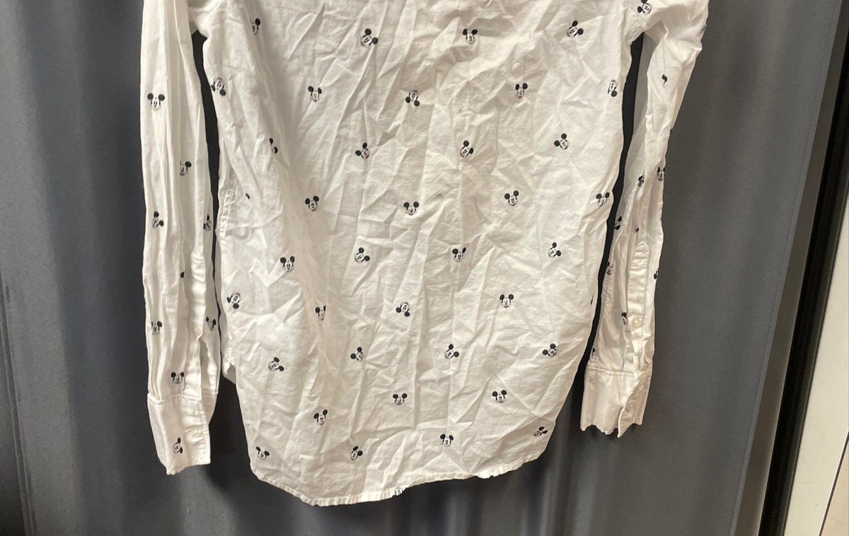 H&M L.O.G.G. Women's Mickey Mouse Pattern Button Down Shirt White Sz 4