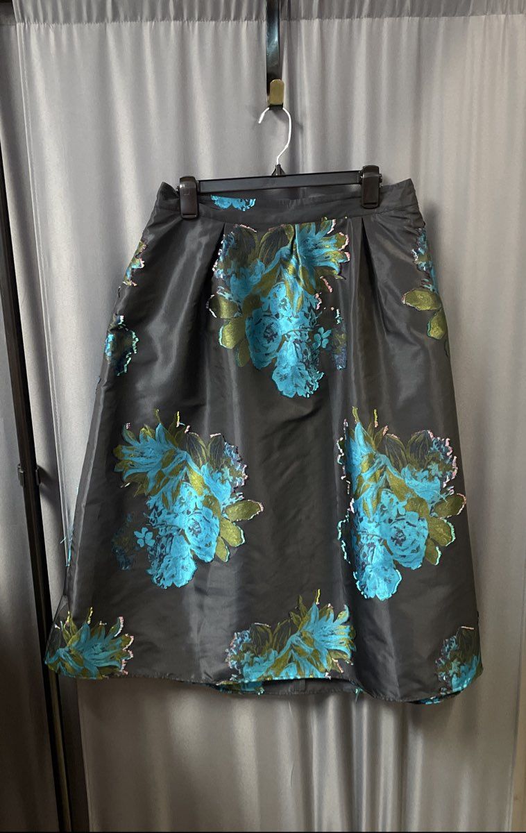 Maeve Anthropologie Women's Gray Blue Metallic Floral Jacquard A-Line Skirt 12