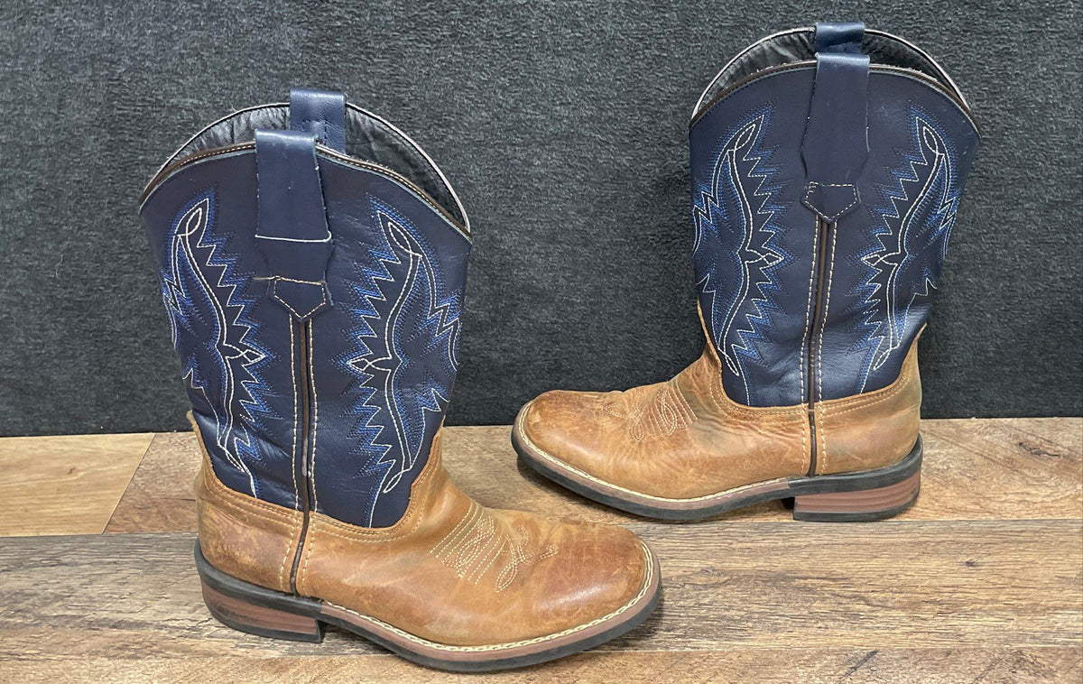 J.B. Dillon Kids Brown Blue Leather Square Toe Western Cowboy Boots Size 3