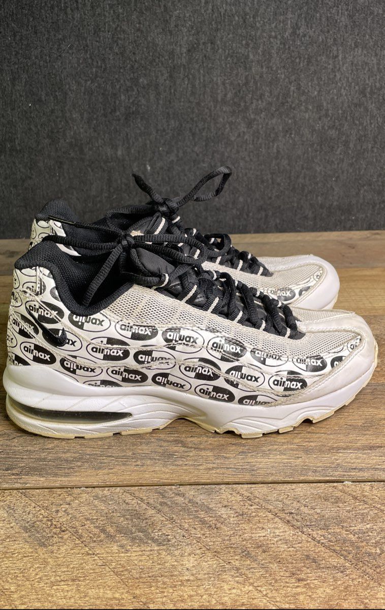 Nike Air Max 95 SE GS White Black Logo Print Kids Running Shoes Size 6Y