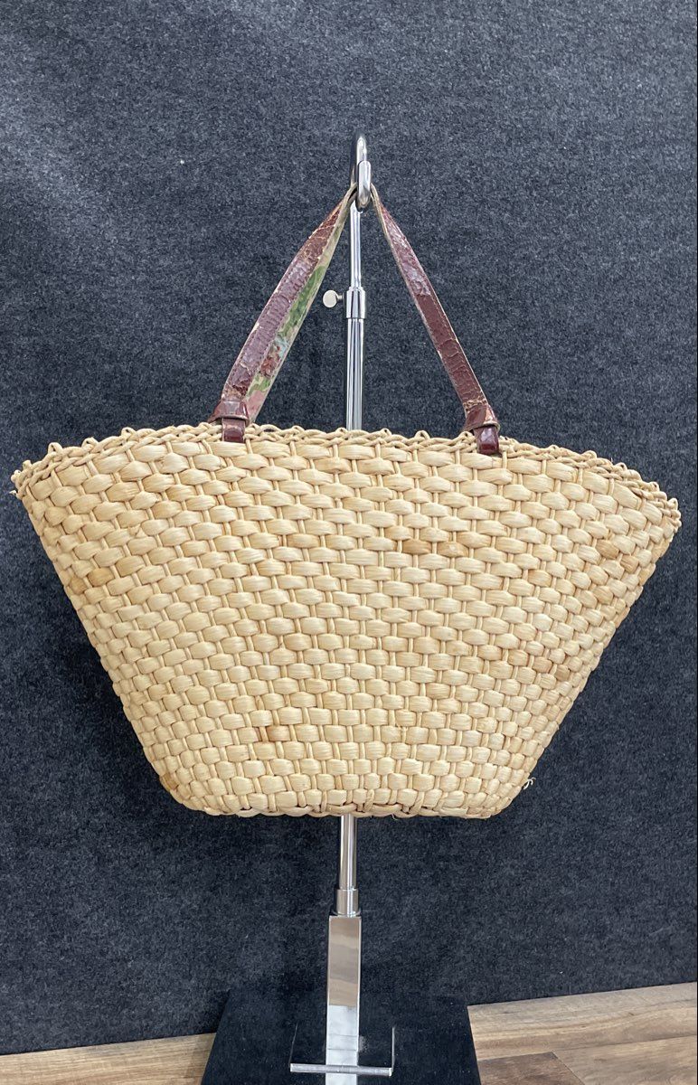 Cappelli Vintage Woven Straw Wood Look Tote Bag Floral Lining Handbag