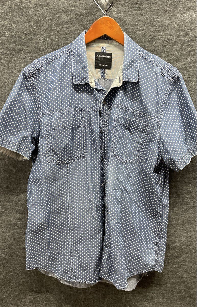 Calvin Klein Jeans Men's Blue Polka Dot Short Sleeve Button Up Pocket Shirt Sz L