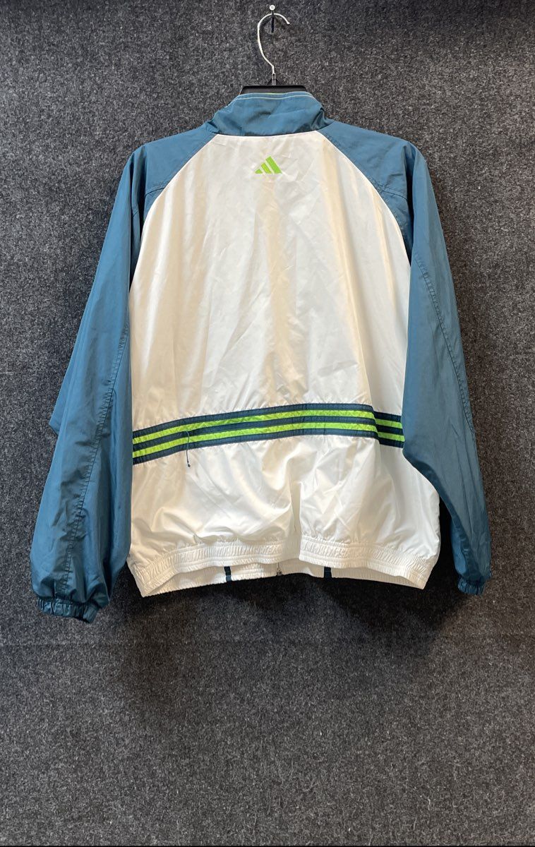 Vintage 90s Adidas Men's White Blue Lime Green Full Zip Windbreaker Jacket Sz L