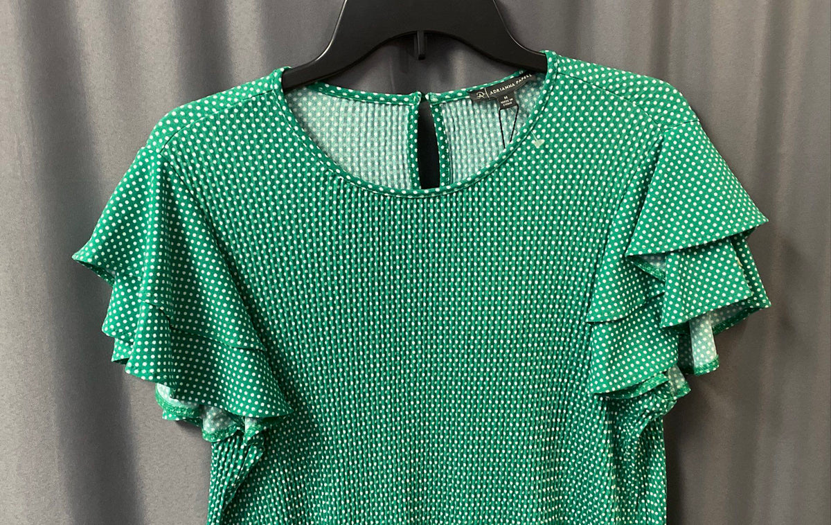 Adrianna Papell Women's Green Polka Dot Pleated Knit Double Sleeve Top M NWT