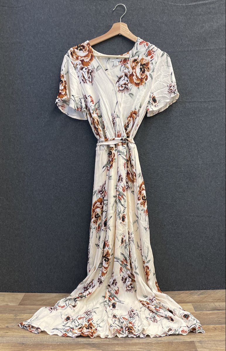 Est. 1946 Women's Cream Floral Maxi Dress Tie Waist Flutter Sleeve Wrap Size M