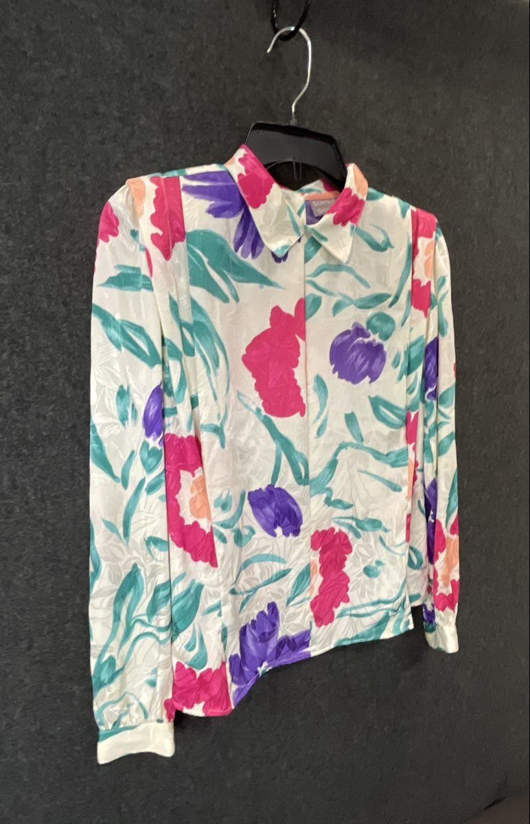 Vintage 80s Sonya Ratay for San Andre Women's Floral Button Back Blouse Sz S