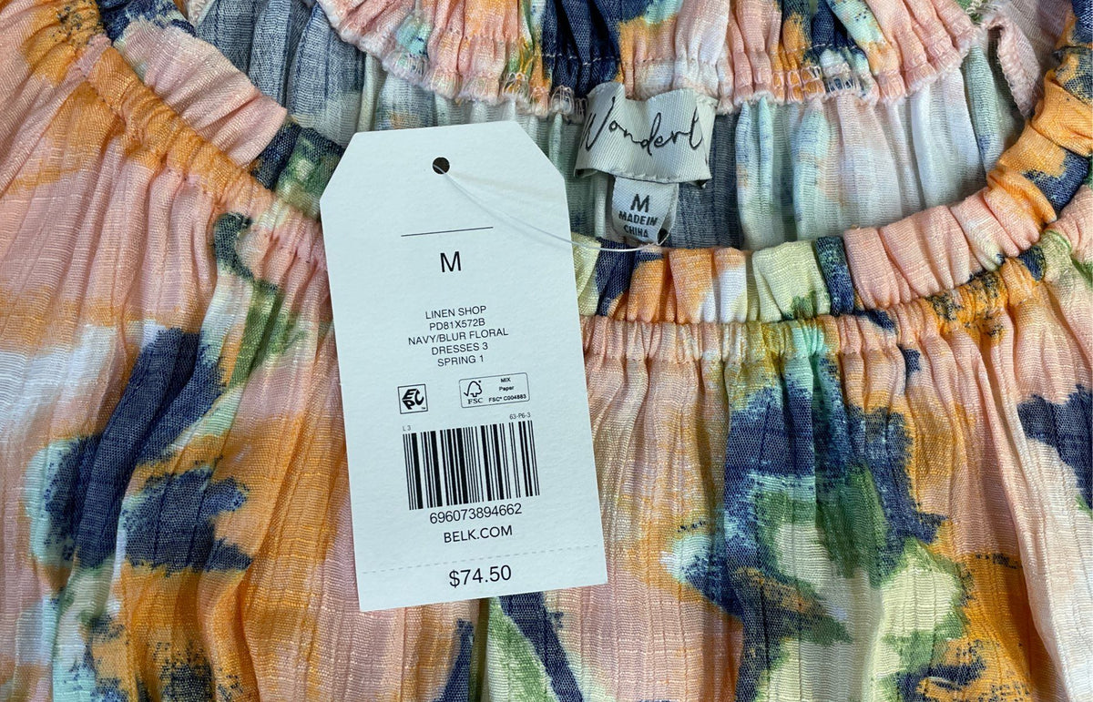 Wonderly Women's Navy Blur Floral Midi Dress Puff Sleeve Tiered NWT Sz M