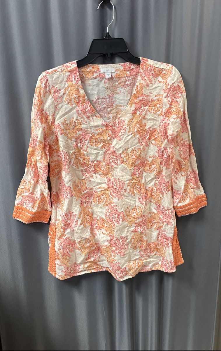 J. Jill Women's Coral V-Neck Top Sea Coral Print Linen Cotton Crochet Trim XS