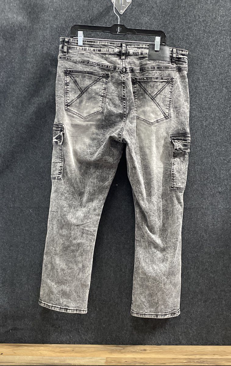 Young Color Men's Grey Acid Wash Distressed Ripped Cargo Pants Sz 38x30