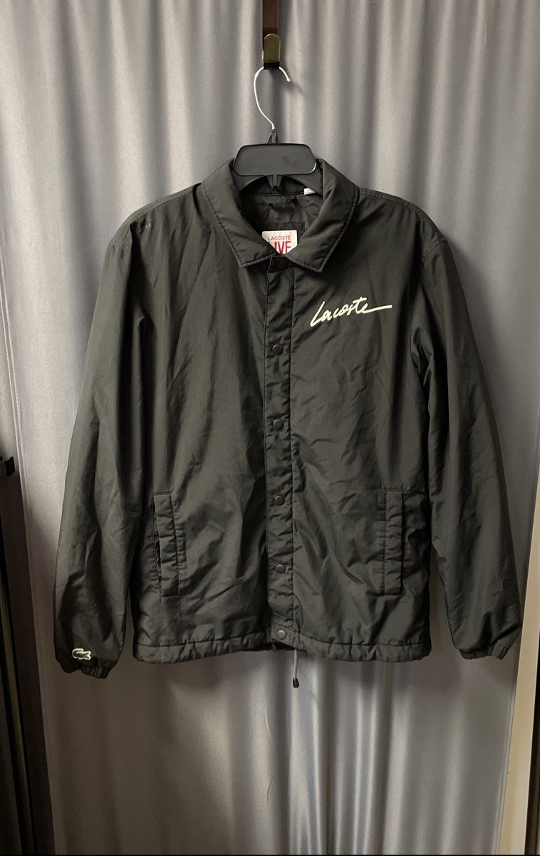 Lacoste Live Men's Black Script Logo Coach Jacket Snap Button Drawstring Sz S