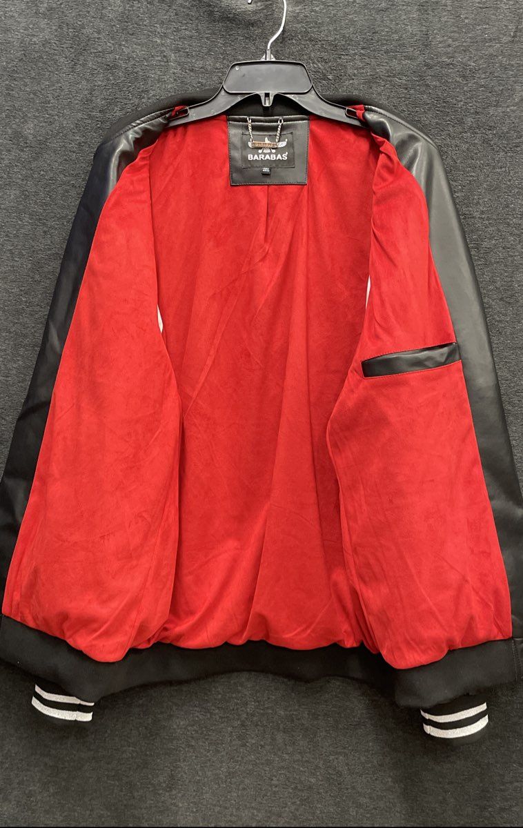 Barabas Men's Black Red Greek Key Faux Leather Bomber Jacket Sz 2XL