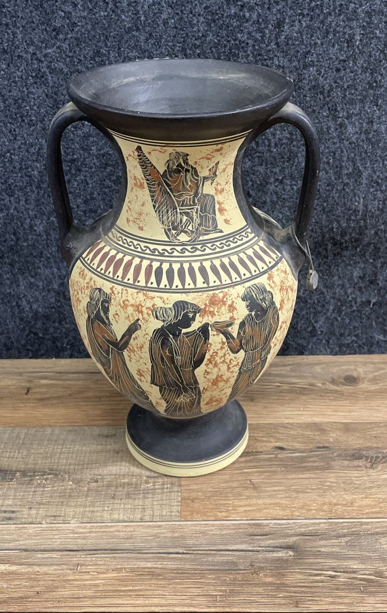 Vintage Pandora Handmade Greek Terracotta Amphora Vase Attic Black Figure Style