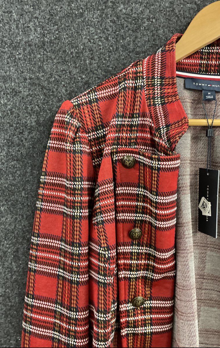 Tommy Hilfiger Women's Red Plaid Band Jacket Gold Crest Buttons NWT Sz M