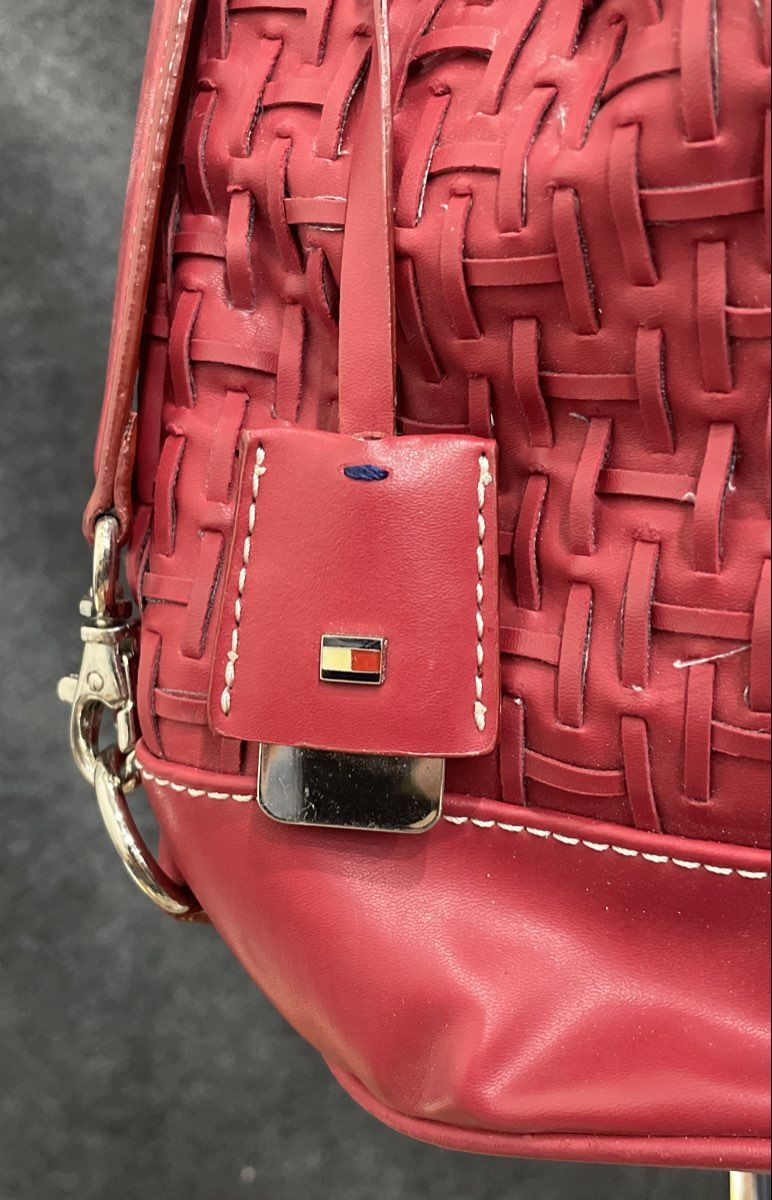 Tommy Hilfiger Red Woven Faux Leather Drawstring Bucket Bag Handbag