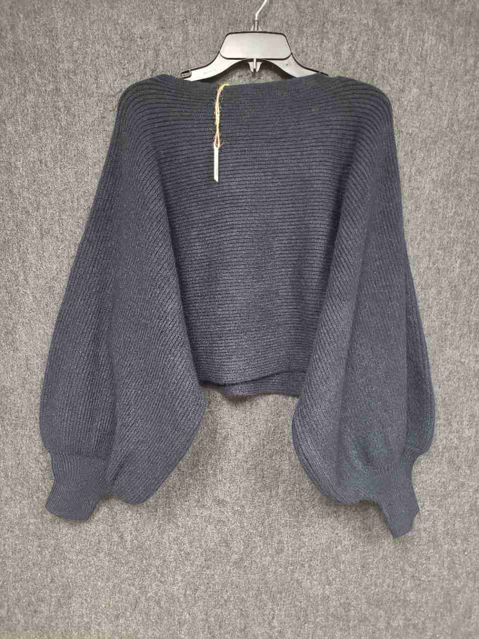 World Market Women's Navy Blue Ribbed Cropped Balloon Sleeve Sweater NWT OS