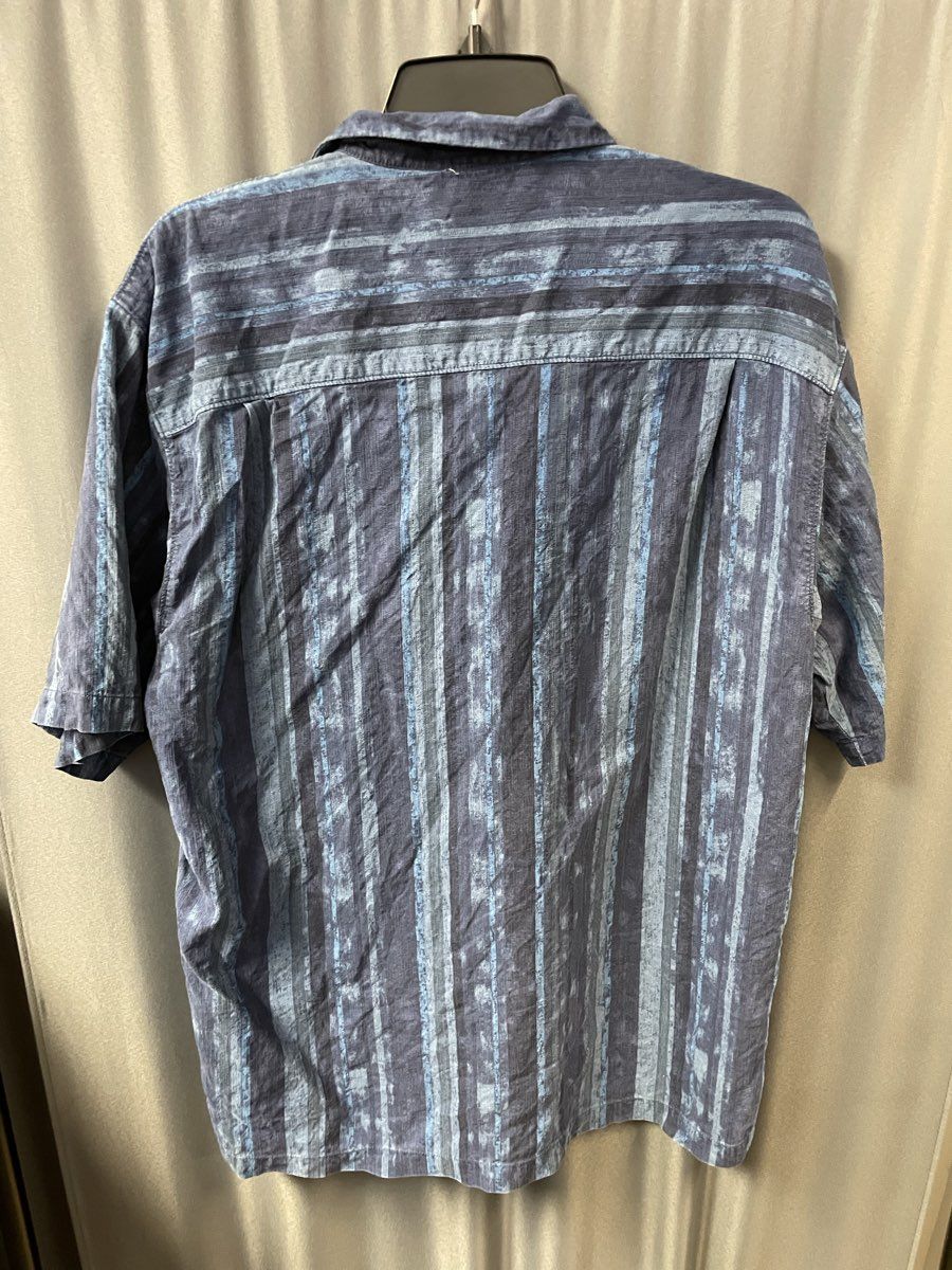 Tommy Bahama Men's Blue 100% Silk Hibiscus Floral Stripe Hawaiian Shirt Size L