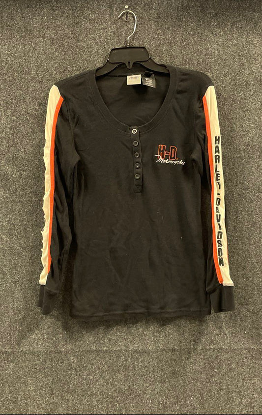 Harley-Davidson Long Sleeve Henley Ribbed Knit Shirt Orange Stripes Sz L