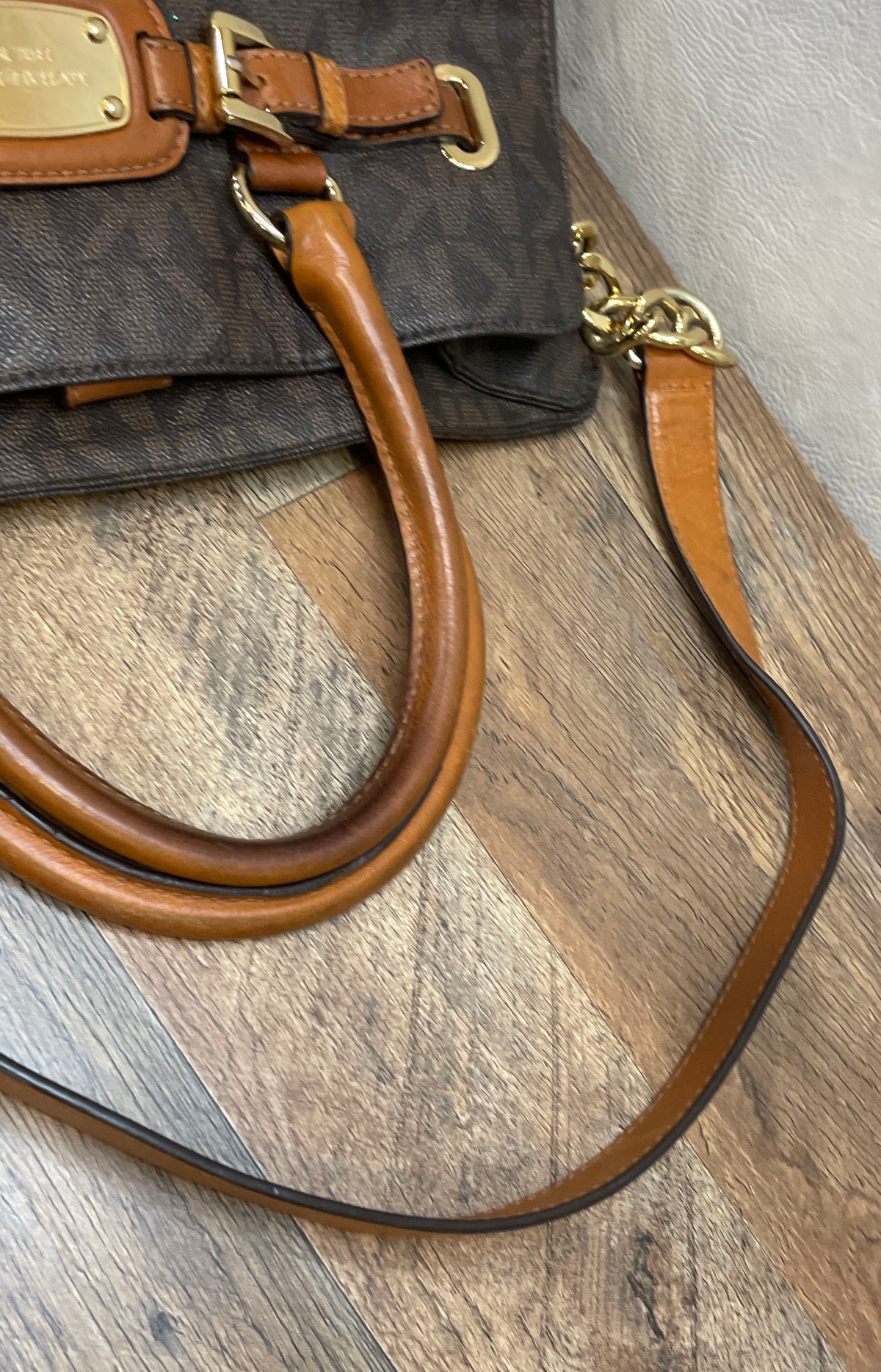 Michael Kors Brown Monogram Hamilton Large Satchel Tote Bag Gold Hardware