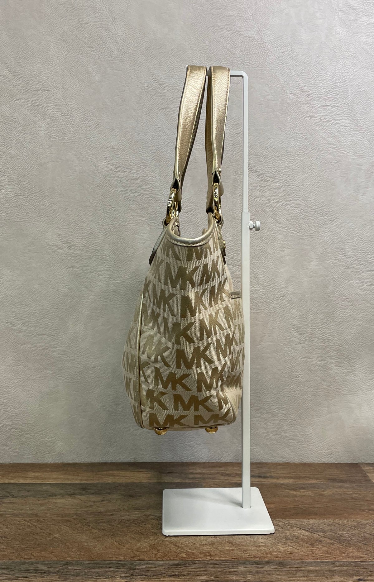 Michael Kors Gold Monogram Jacquard Shoulder Bag Push Lock Gold Hardware