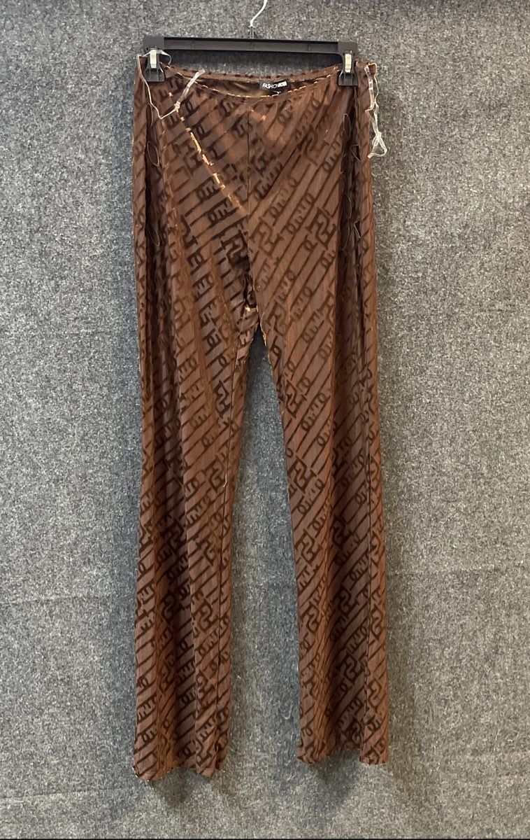 Fashion Nova Women's Brown Flocked Logo Mesh Cut Out Side Pants Sz L