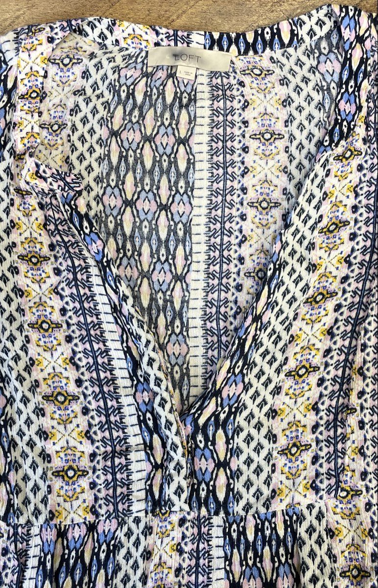 LOFT Women's Geometric Boho Tiered Rayon Short Sleeve V-Neck Dress Sz L