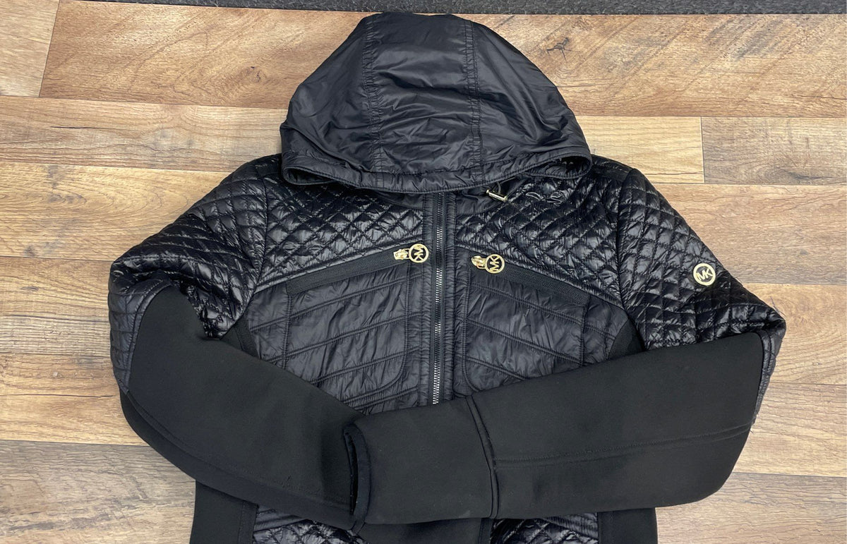 Michael Kors Women's Black Quilted Hooded Jacket Gold Hardware Mixed Media M
