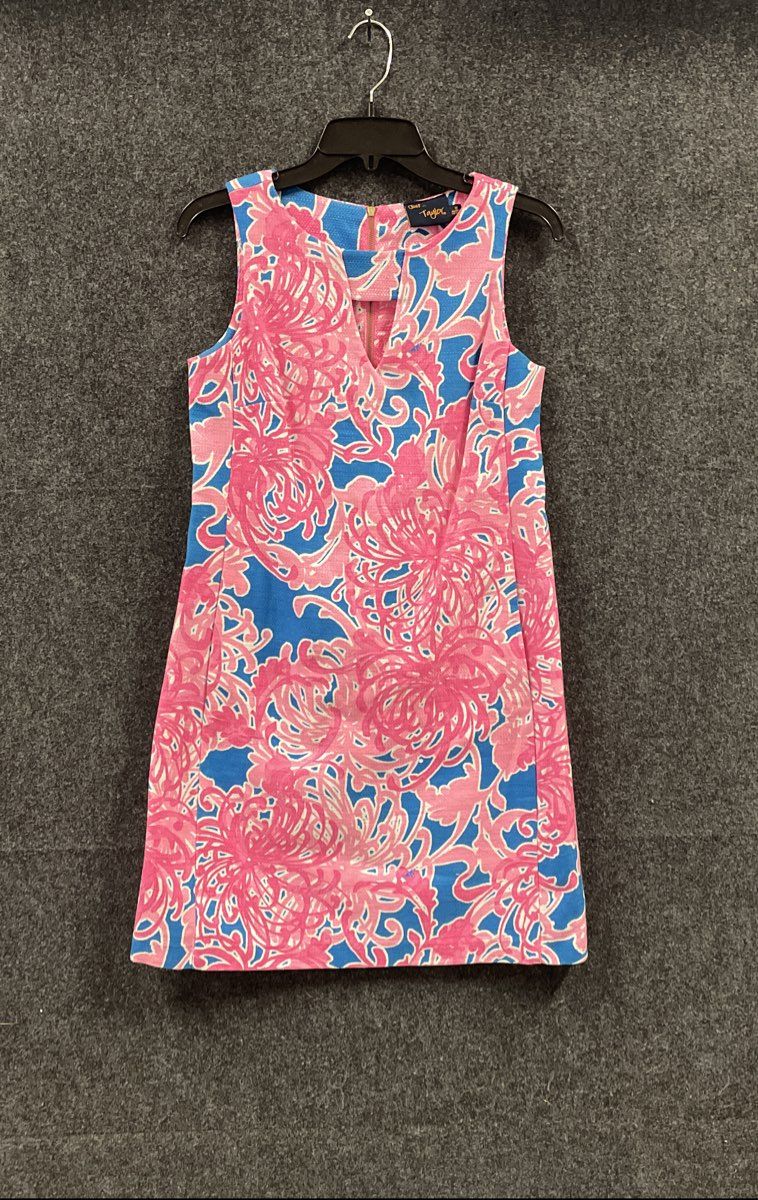 Just Taylor Women's Pink Blue Floral Print Sleeveless Cotton Shift Dress Size 2