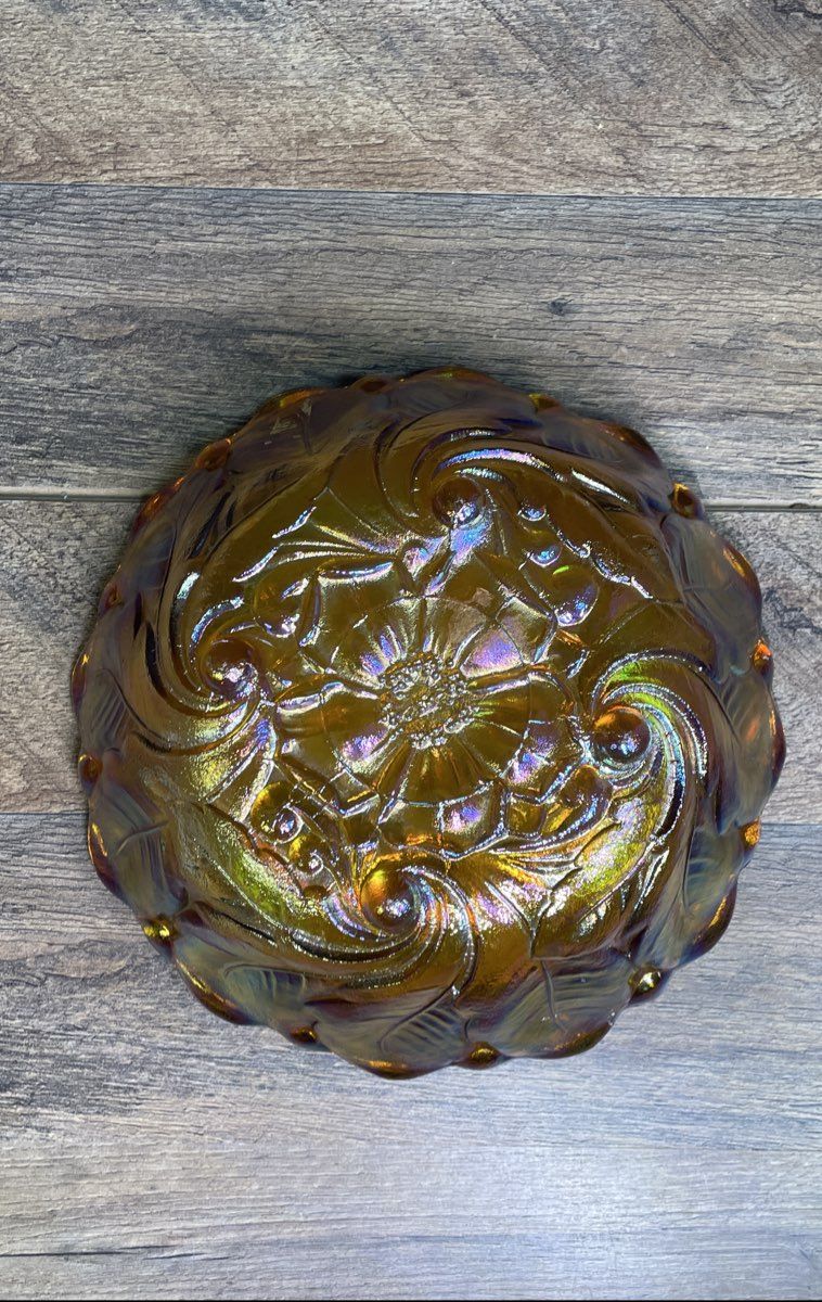 Indiana Glass Wild Rose 9" Ruffled Bowl Marigold Carnival Vintage