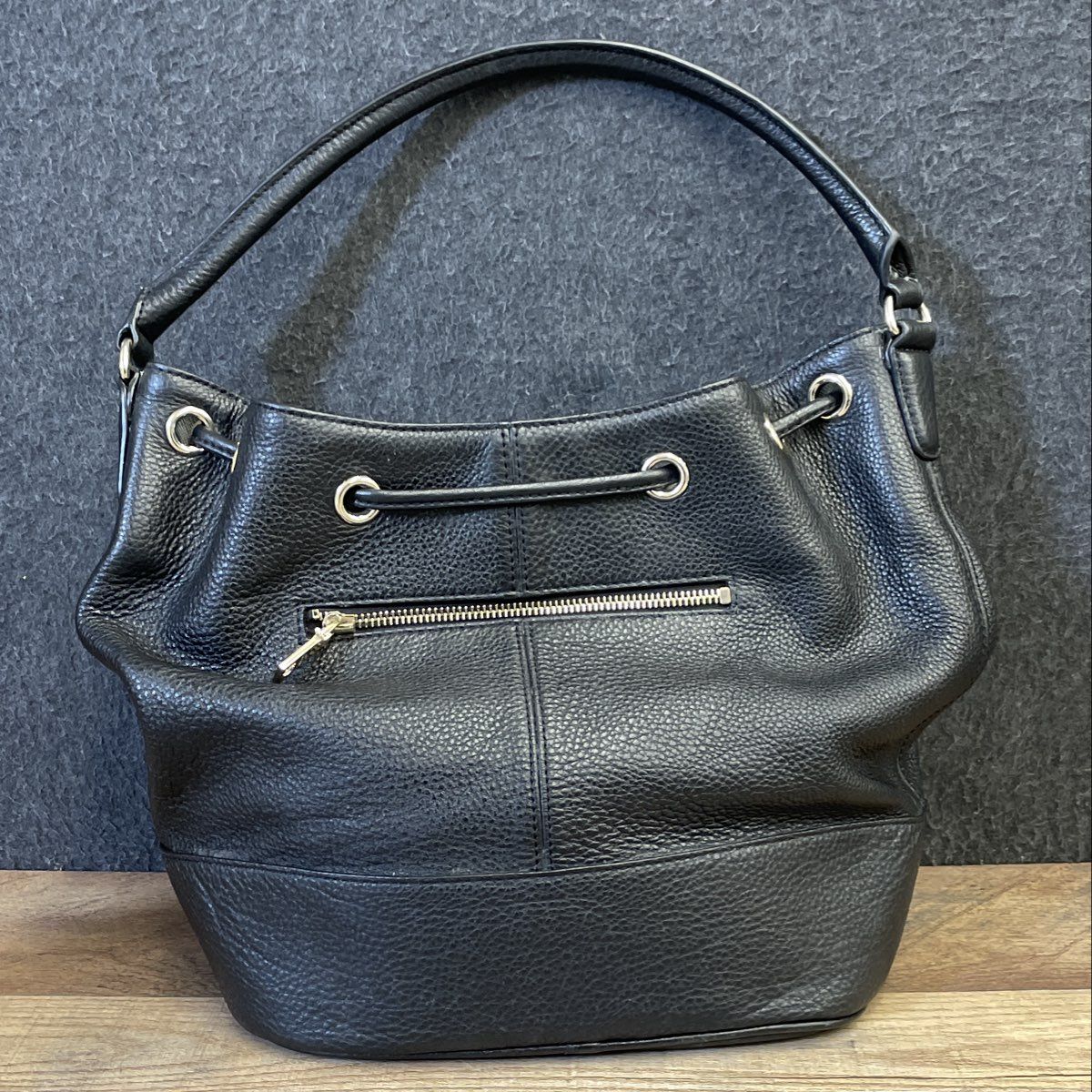 DKNY Black Pebbled Leather Drawstring Bucket Bag Gold Tone Hardware