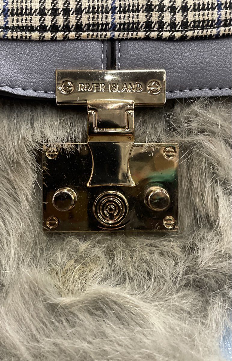 River Island Blue Mixed Media Plaid Faux Fur Mini Backpack Crossbody Bag
