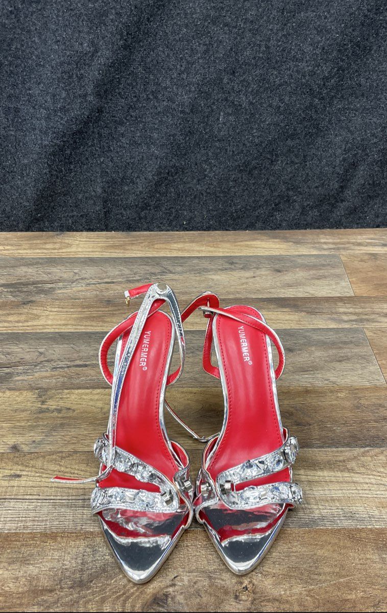 YUMERMER Silver Metallic Crystal Embellished Stiletto Sandals Women's Size 37