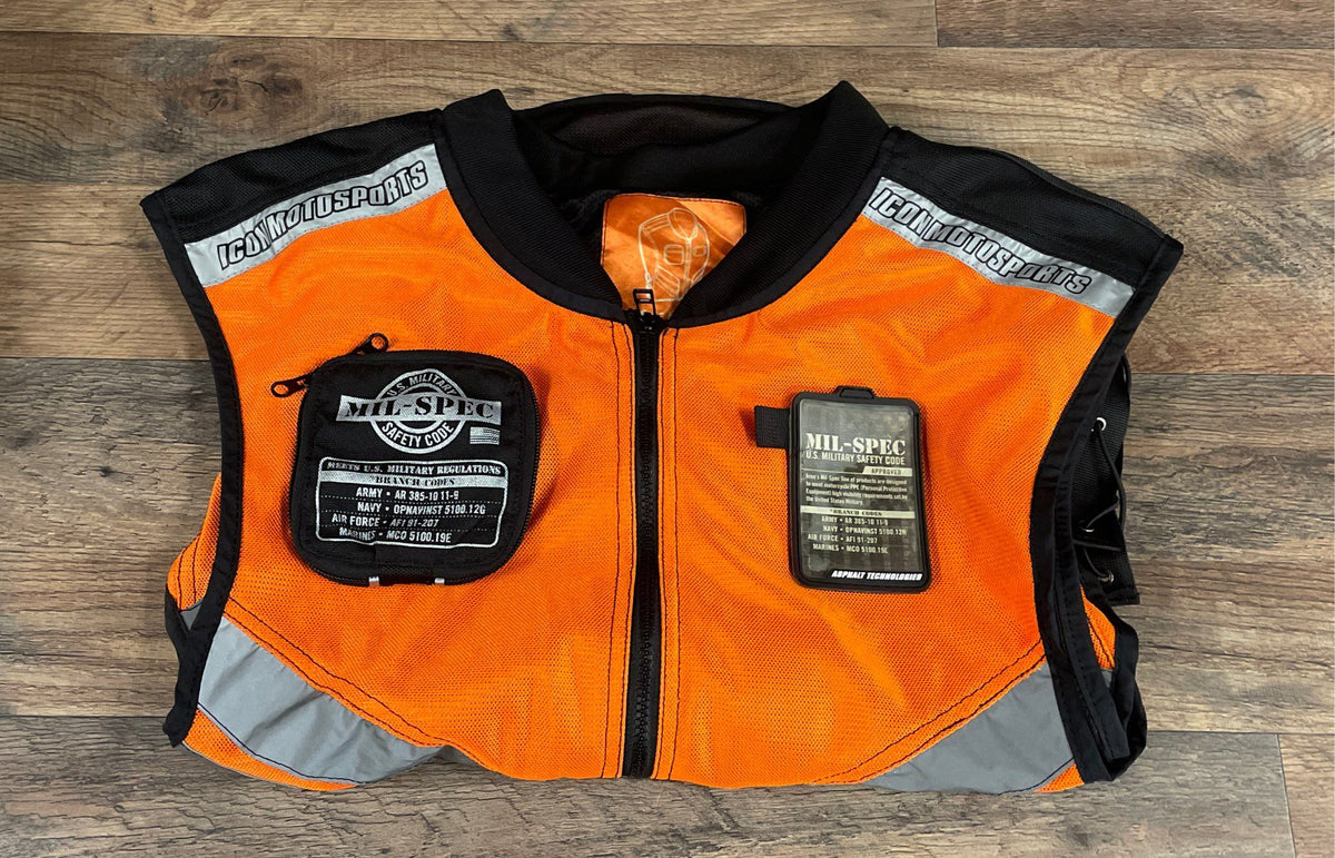 Icon Men's Mil Spec Mesh Motorcycle Safety Vest Orange Hi-Vis Reflective Super