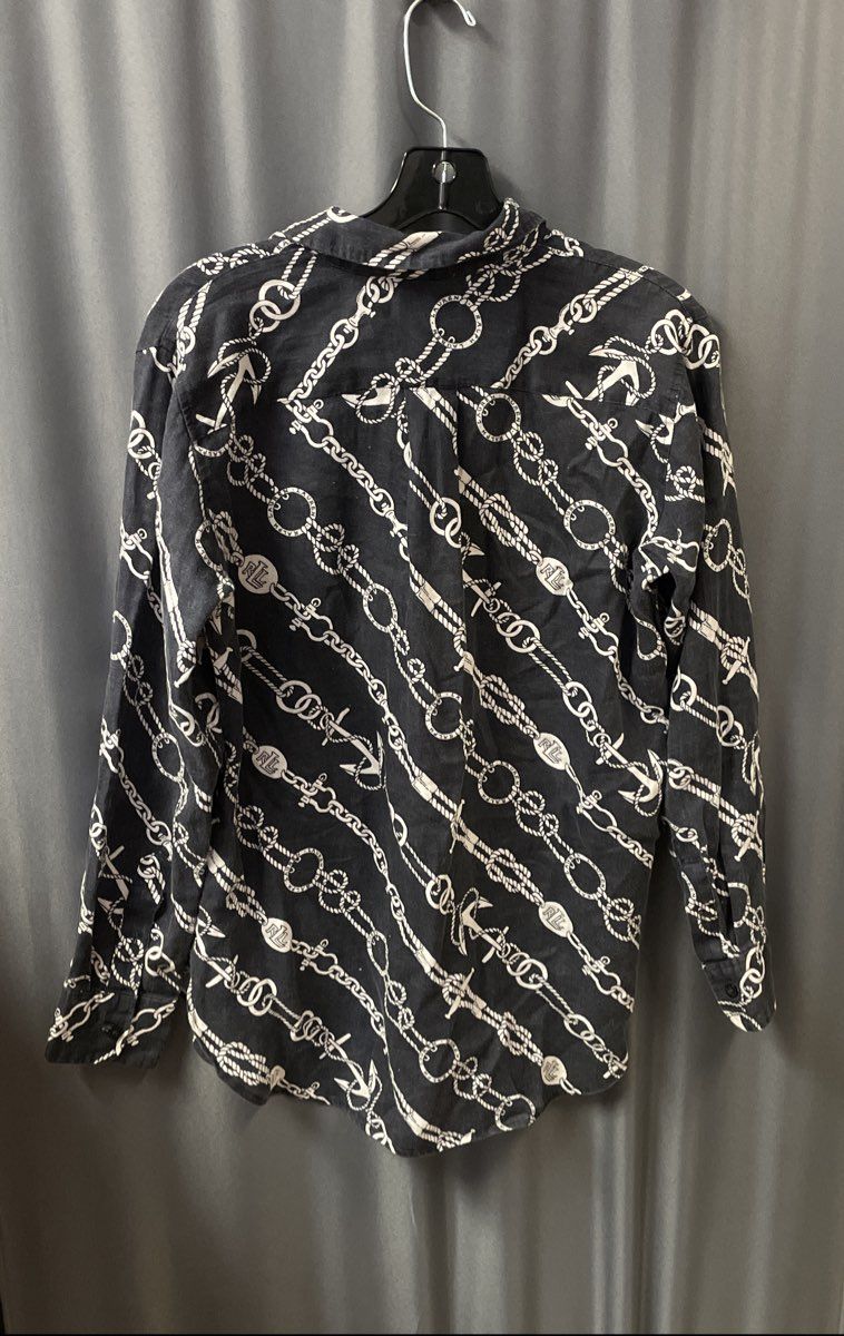 Lauren Ralph Lauren Women's Navy Nautical Rope Anchor Print 100% Linen Shirt SP