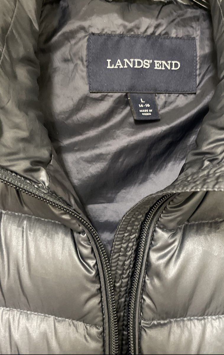 Lands' End Girls Down Puffer Vest Metallic Gray Quilted Full Zip Sz L 14-16