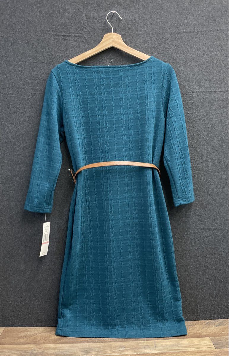 Sharagano Women's Teal Textured Stretch Sheath Dress with Belt NWT Size 10