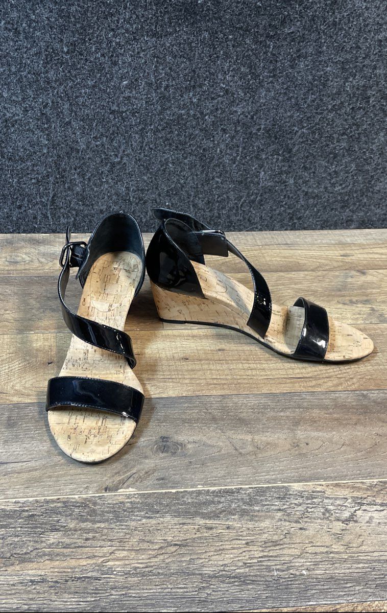 Vaneli Black Patent Leather Asymmetric Strap Cork Wedge Sandals Size 10M